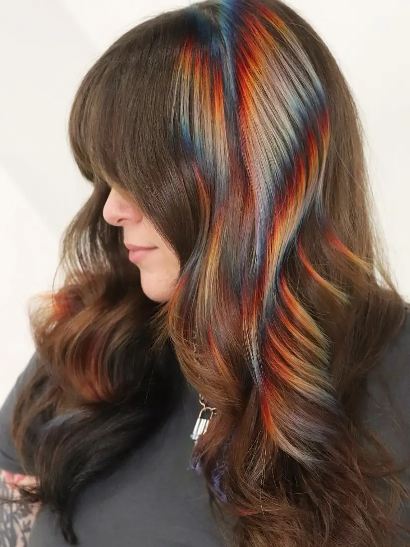 summer hair color ideas for women 2026 Playful Multi Tone Panels on Dark Base