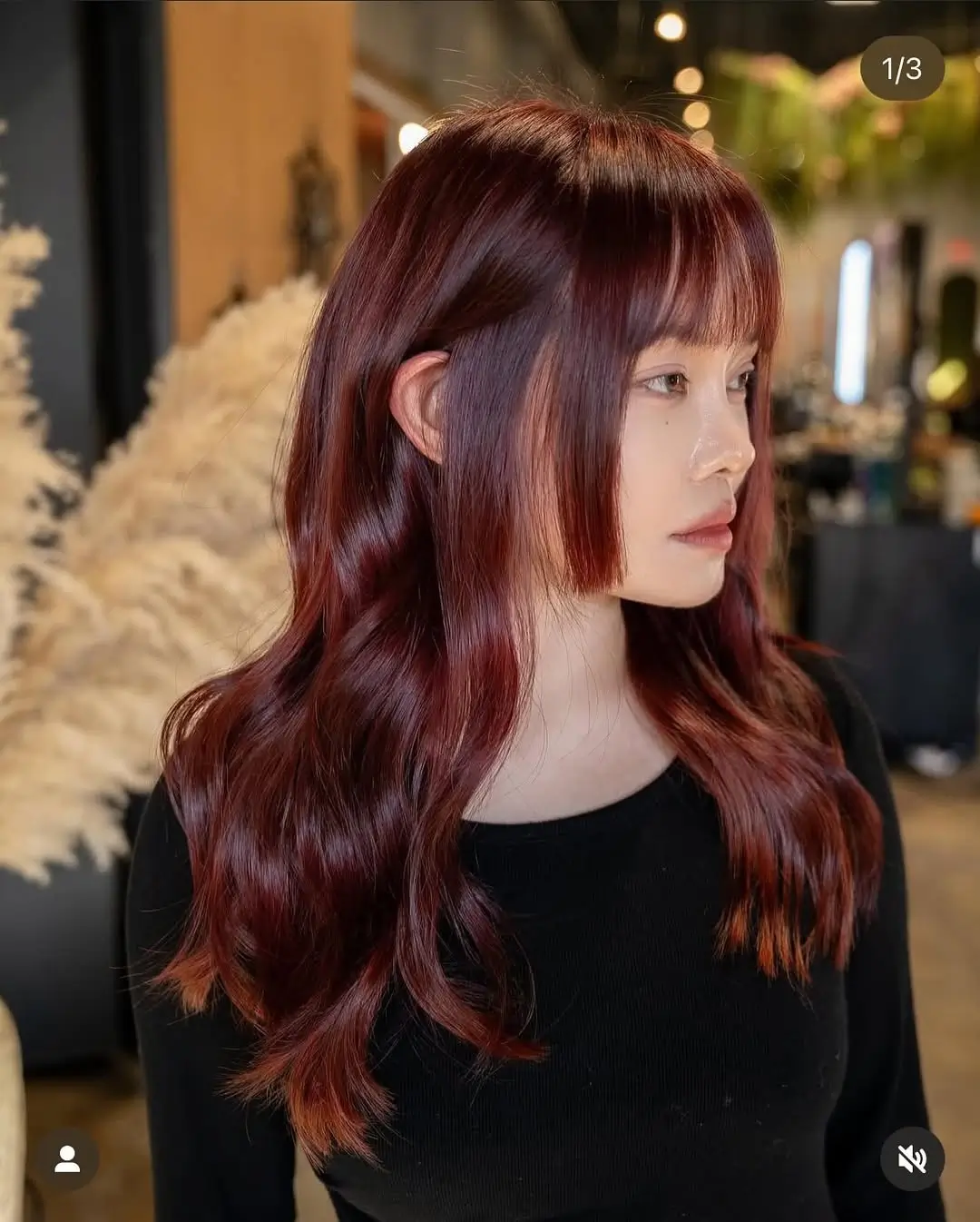 summer hair color ideas for women 2026 Deep cherry brunette with soft fringe