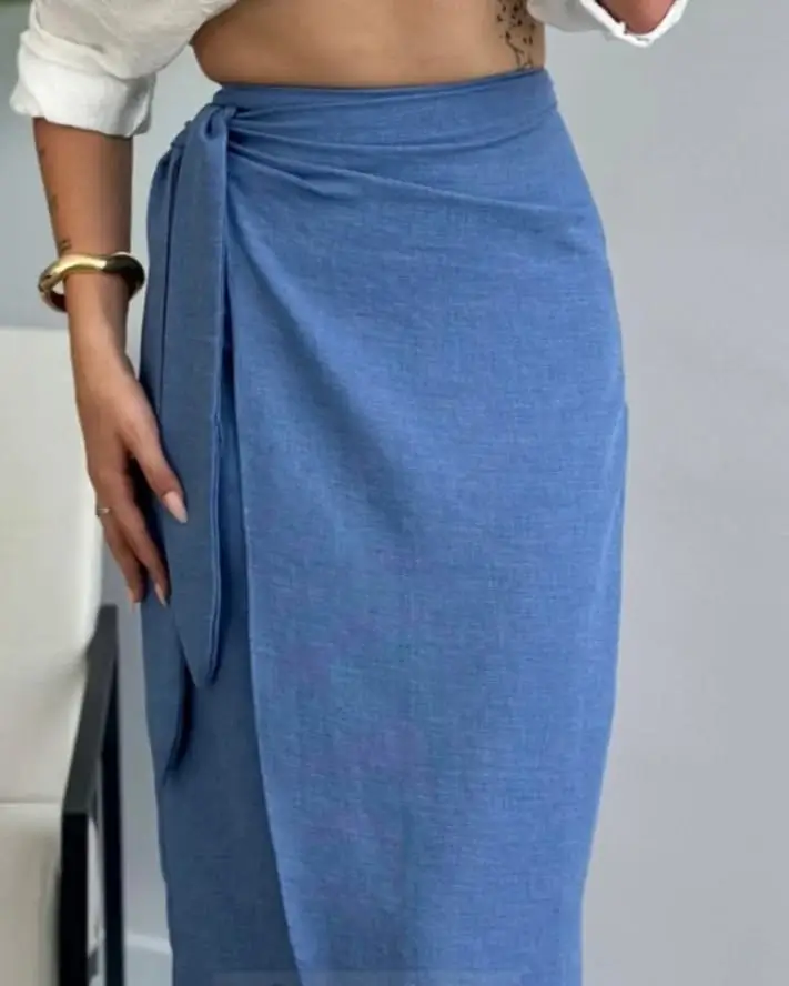 summer linen skirt outfits 2026 Soft Blue Wrap - The Effortless Pencil Comeback