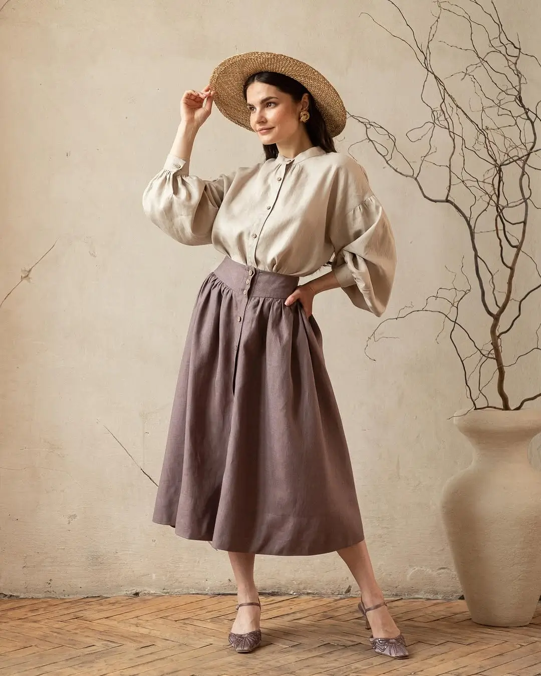 summer linen skirt outfits 2026 Brown Midi with Vintage Inspired Ease