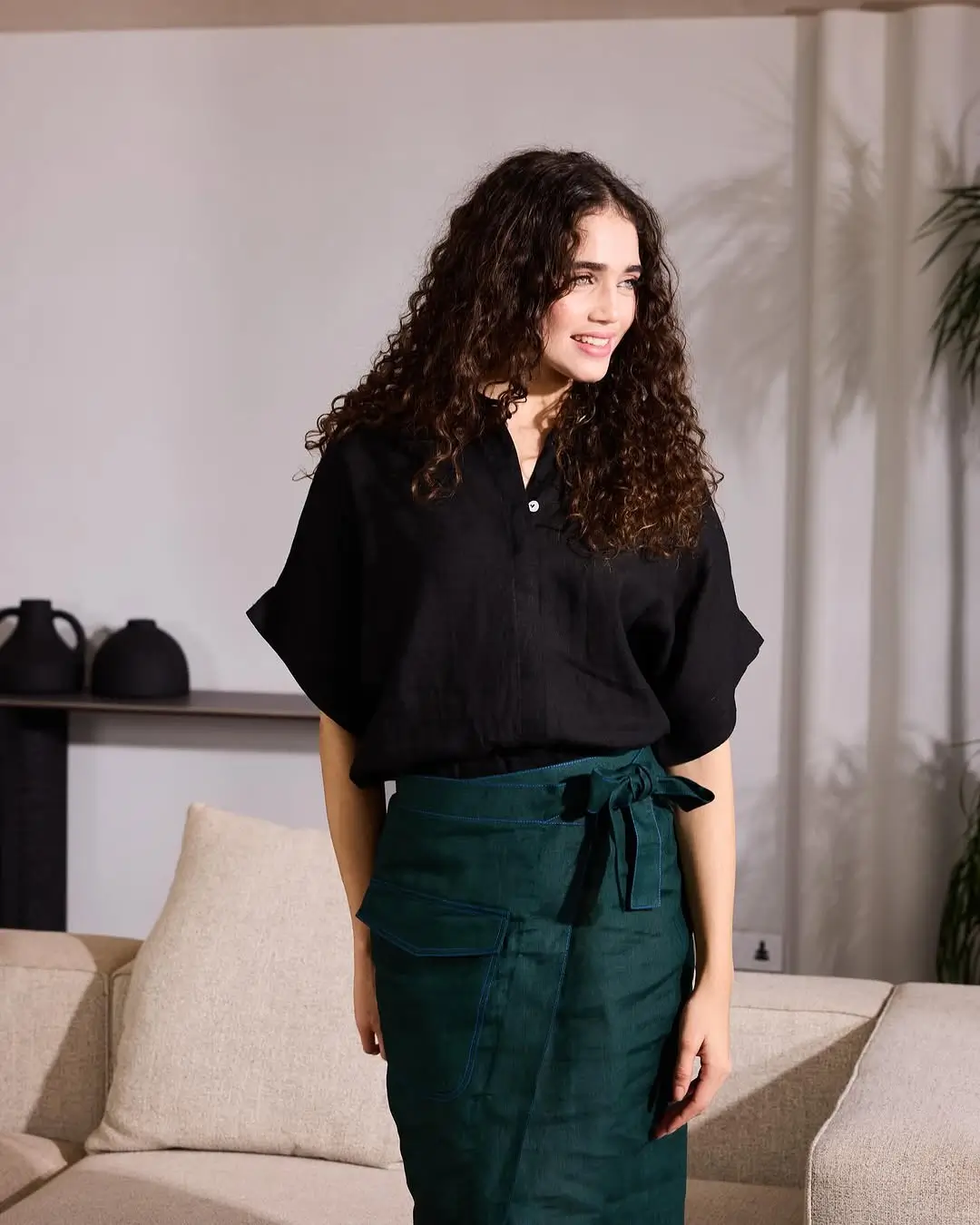 summer linen skirt outfits 2026 Dark Green Wrap Energy with Soft Structure