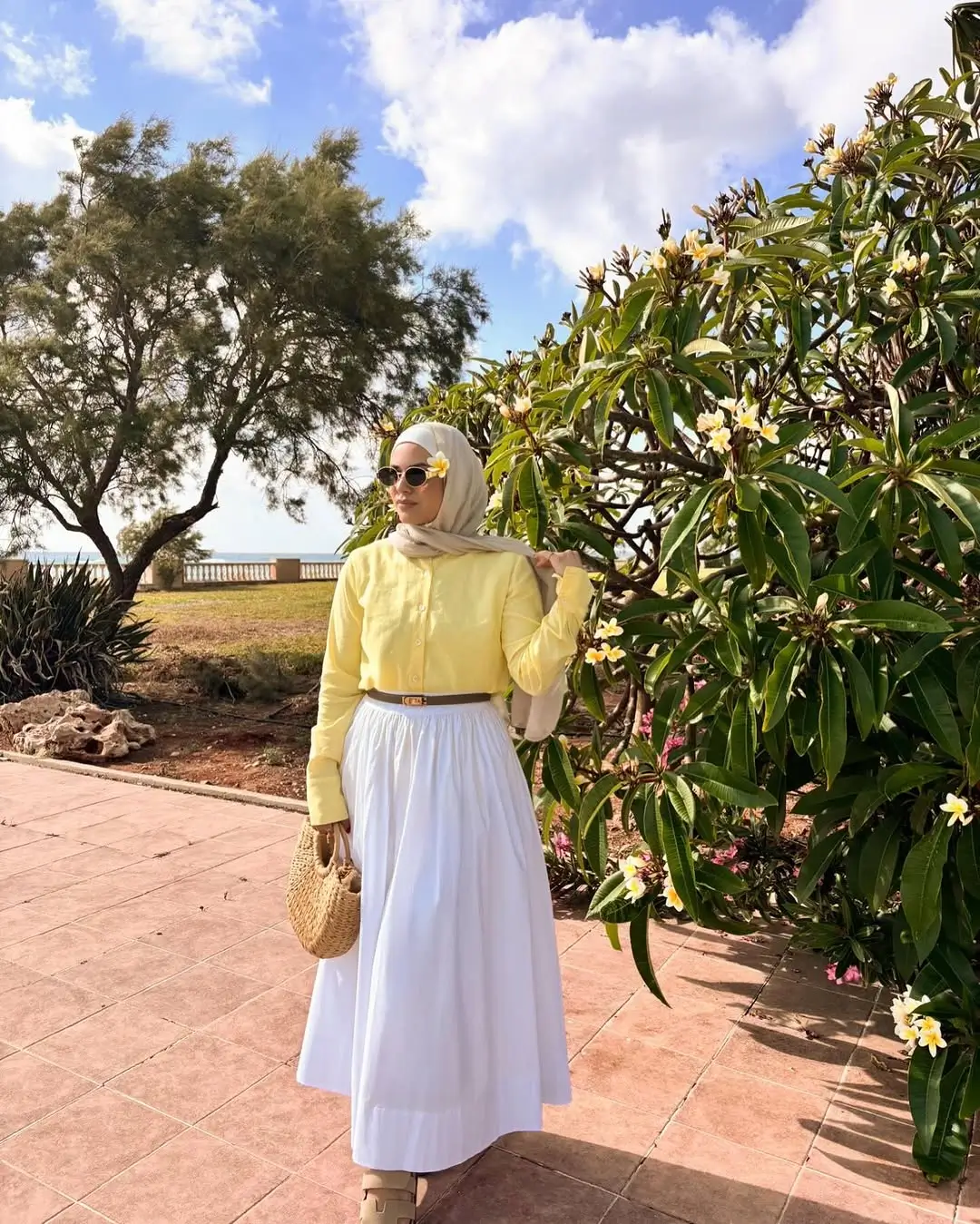 summer linen skirt outfits 2026 Long White Elegance with Soft Yellow Contrast