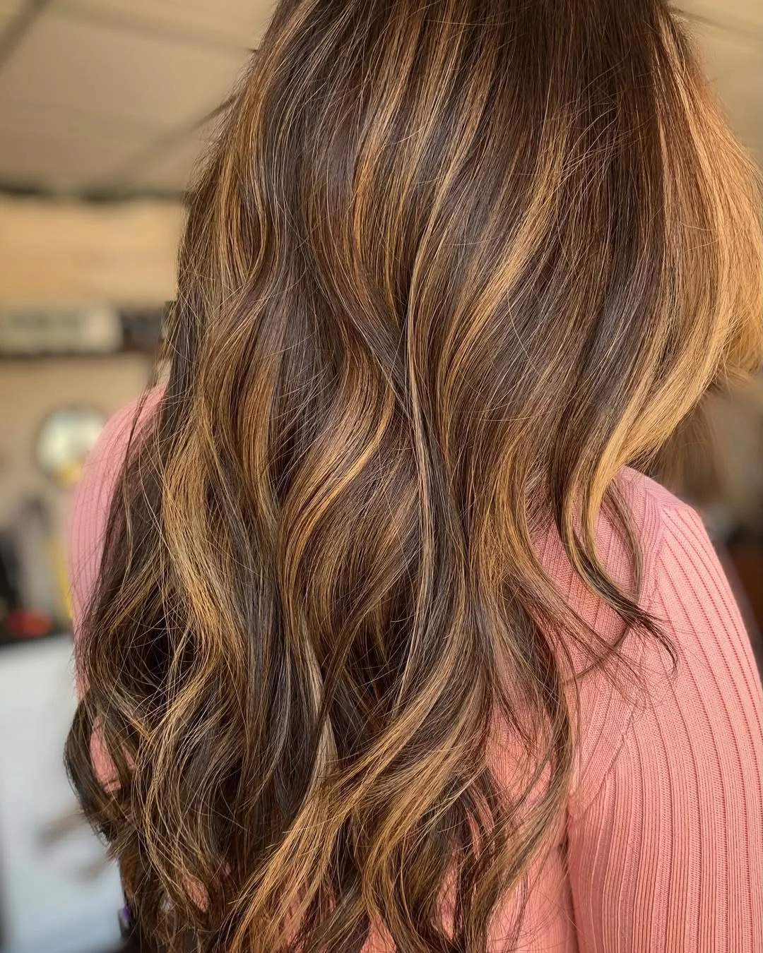 summer money piece hair color for women 2026 Golden Miel Ribbons on Deep Brunette Waves