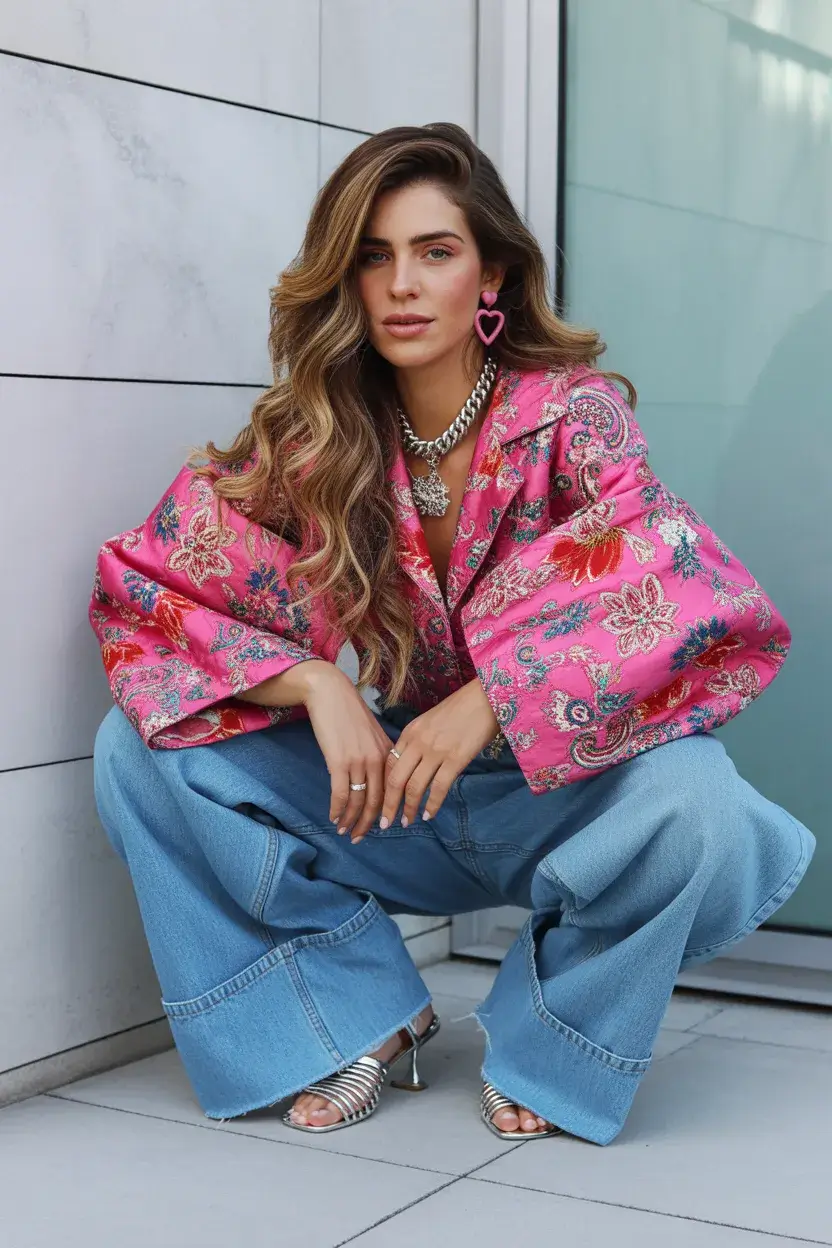 summer outfits with heels for women 2026 Bold Pink Meets Relaxed Denim Energy