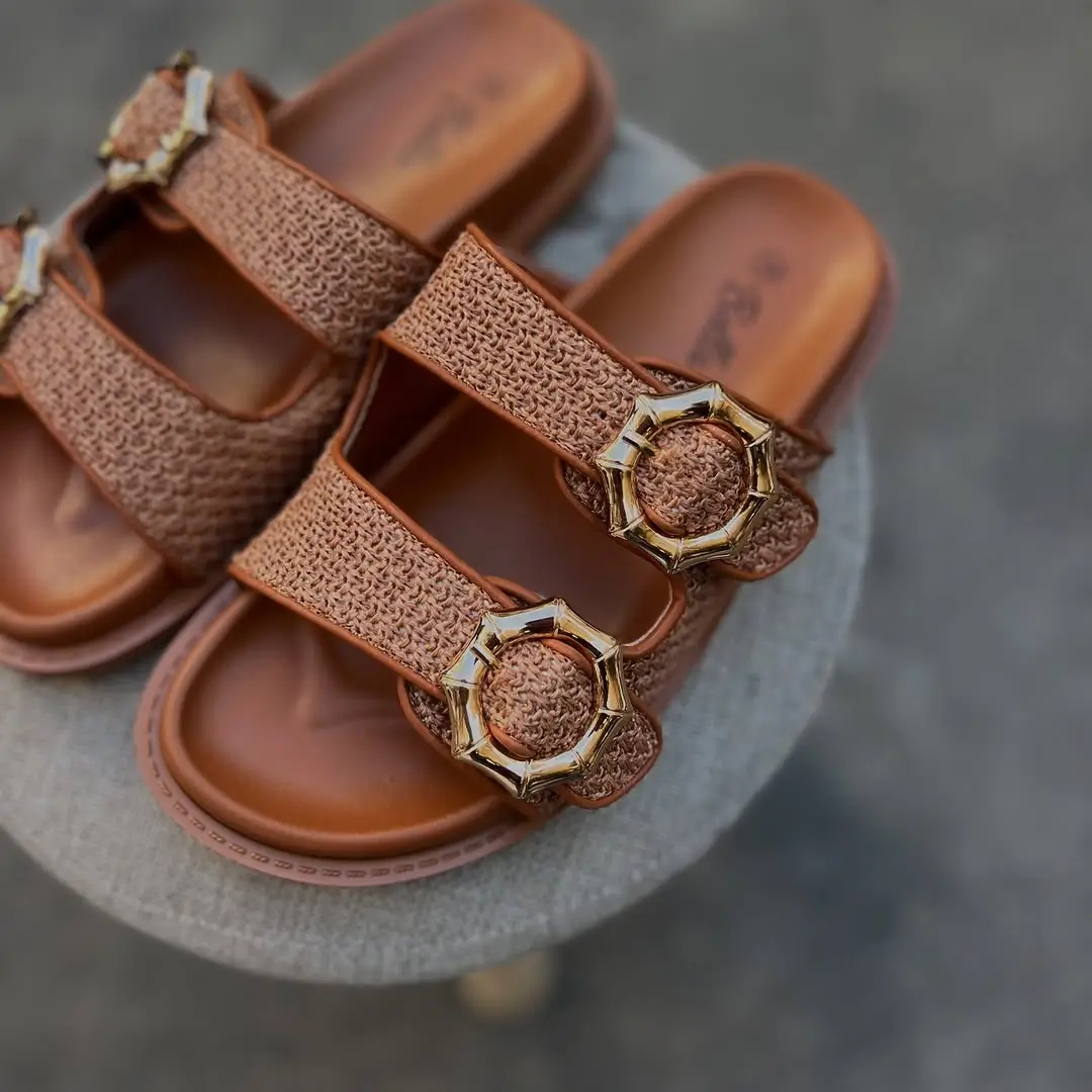 summer slides for women 2026 Warm Brown Slides with Statement Hardware