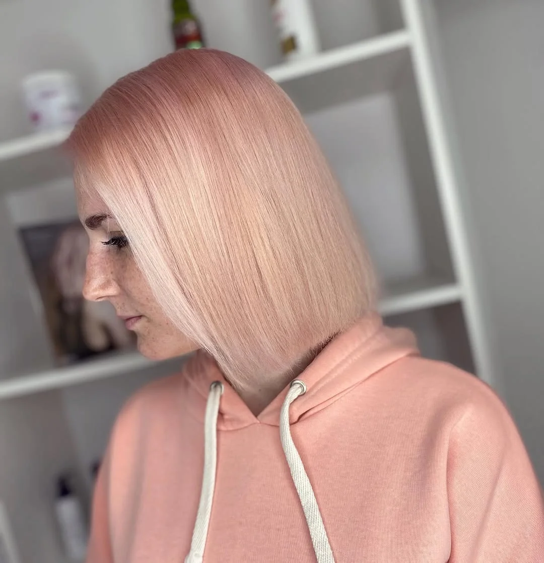 summer strawberry blonde hair color for women 2026 Short Soft Blush Bob with a Clean Minimal Finish