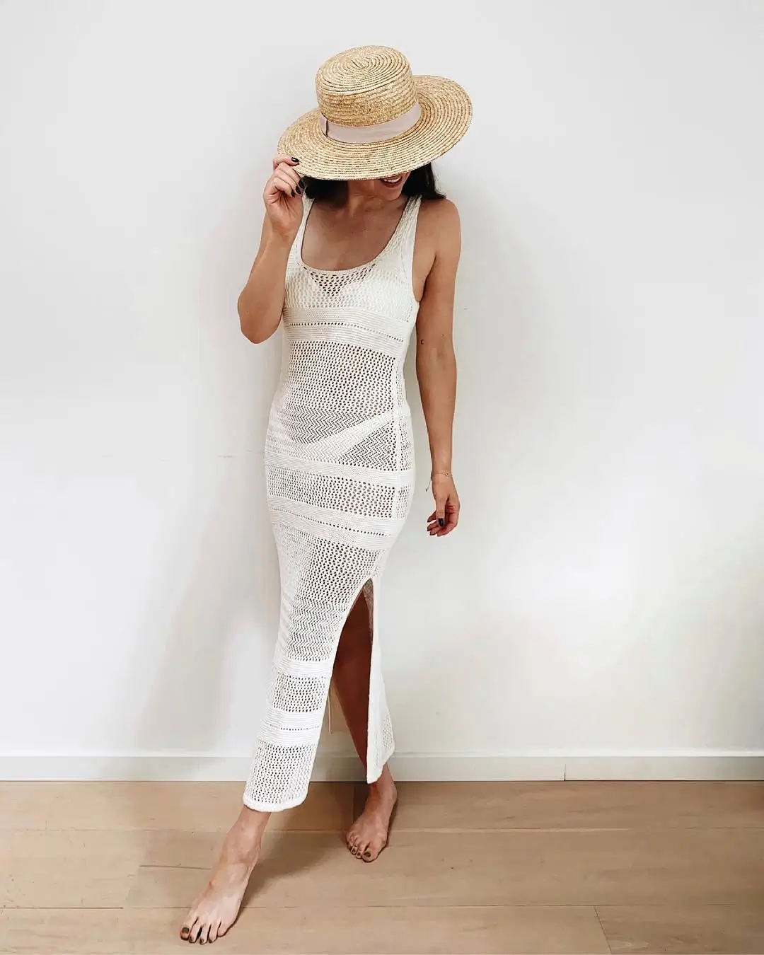 summer swimsuit cover ups 2026 White Crochet Dress With Straw Hat Energy