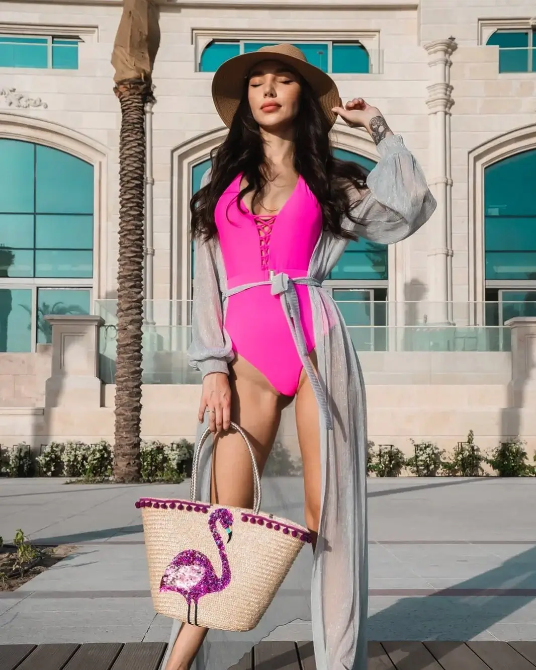 summer swimsuit cover ups 2026 Sheer Robe Energy with a Pop of Pink Confidence