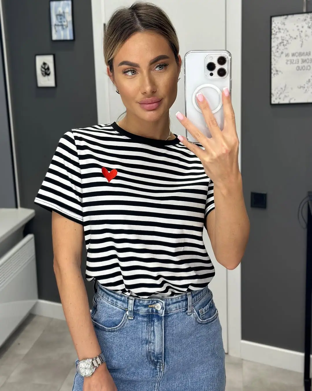 summer t-shirt outfit for women 2026 Black and white stripes with a playful red accent