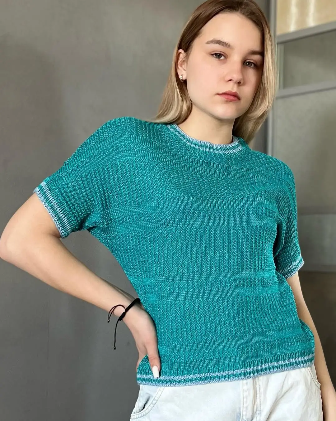 summer t-shirt outfit for women 2026 Green Textured Tee and Light Bottoms Quiet Confidence