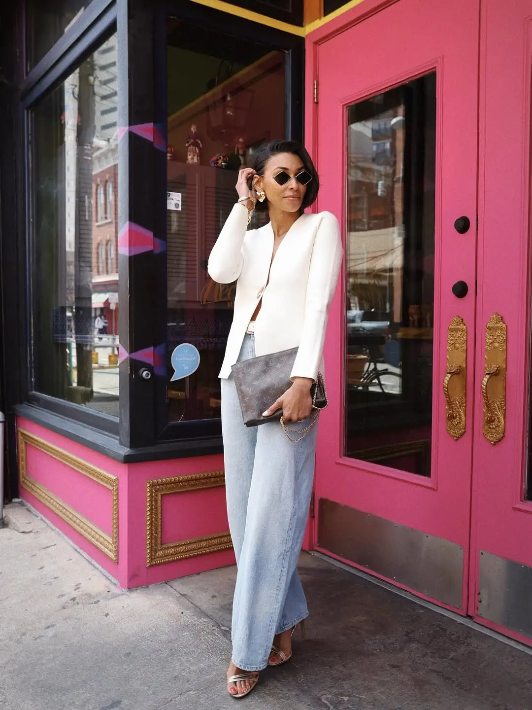summer tops outfit 2026 White Blazer Energy with Light Blue Denim Ease