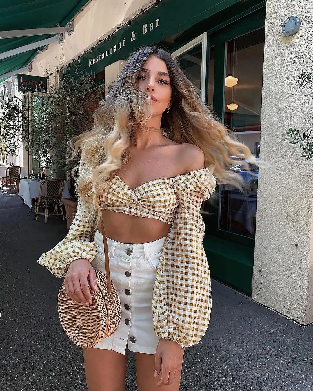 summer tops outfit 2026 Gingham Off-Shoulder Top with a Yellow Summer Mood