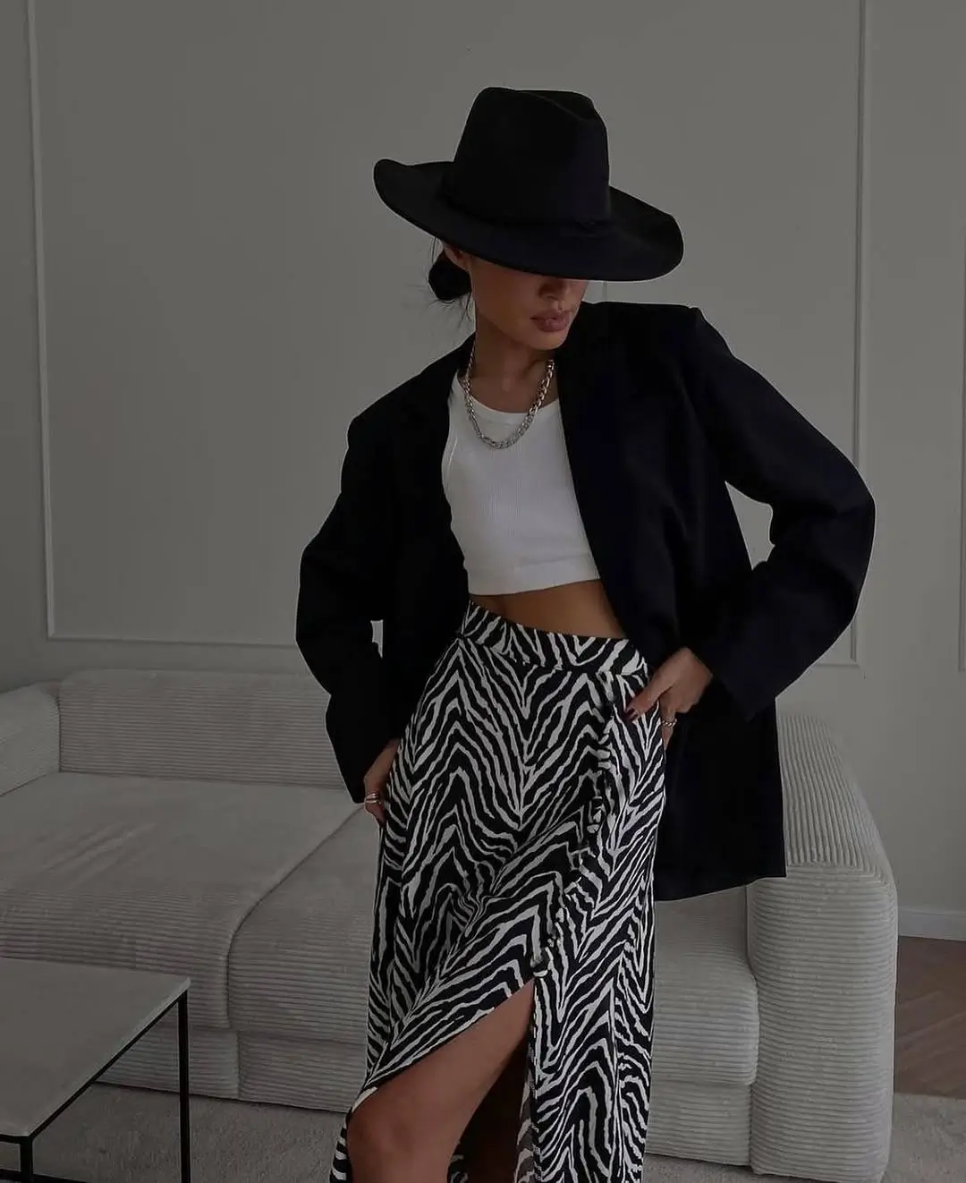 summer vacation outfits 2026 Zebra Print Skirt and Blazer for a Modern Night Out