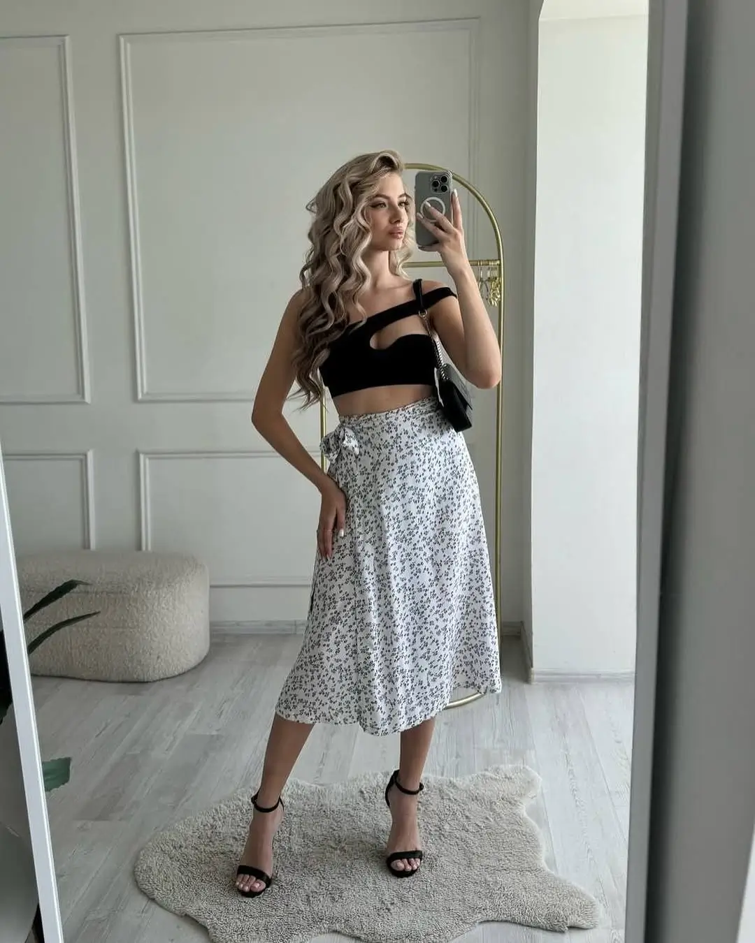 summer vacation outfits 2026 Light Floral Midi Skirt with a Minimal Crop Top