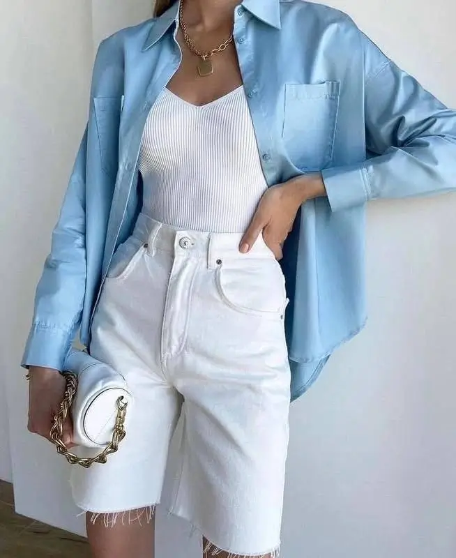 trendy summer denim shorts 2026 Light Layers and Soft Blue Balance