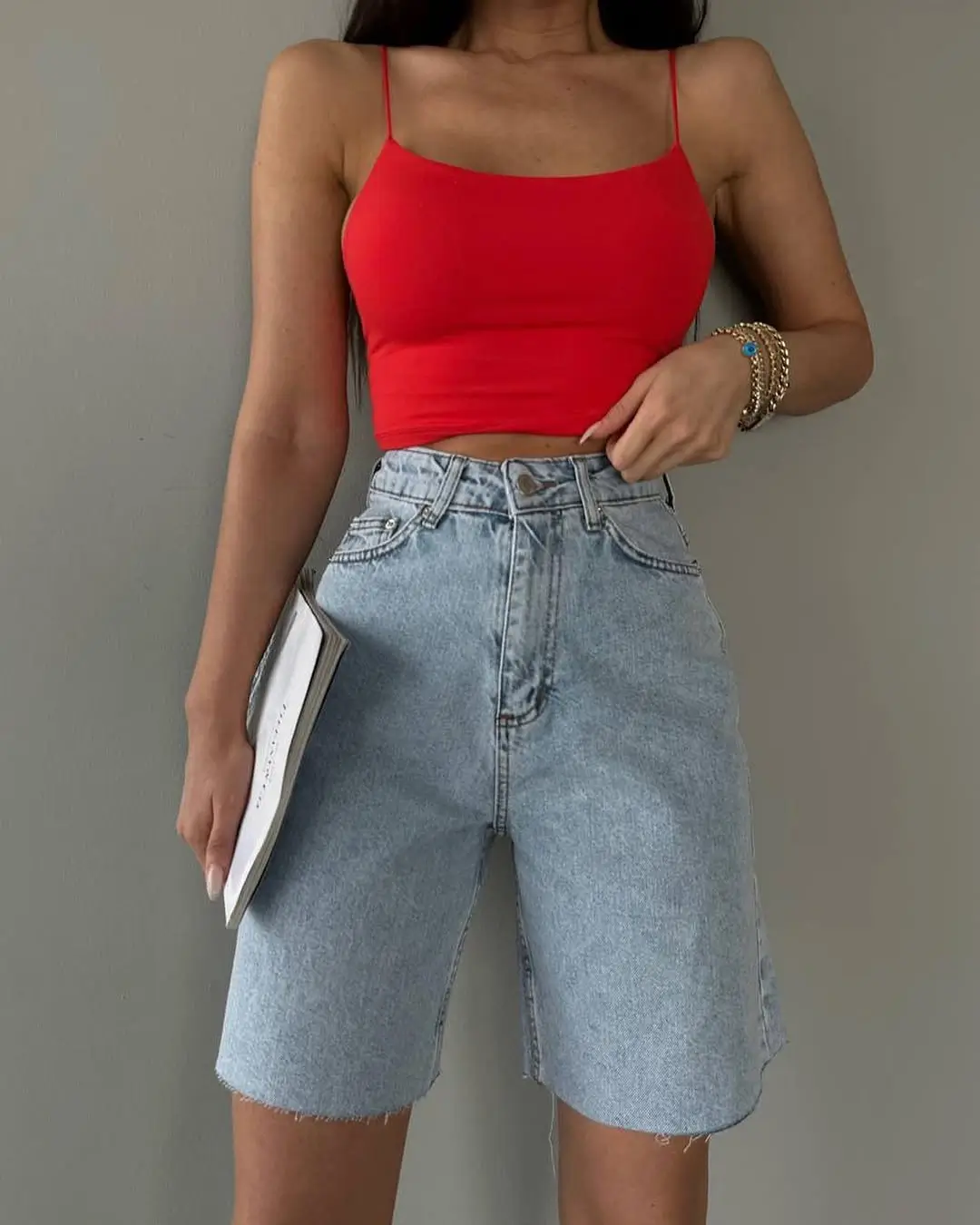 trendy summer denim shorts 2026 Minimal Heat - The Power of a Red Crop and Relaxed Denim