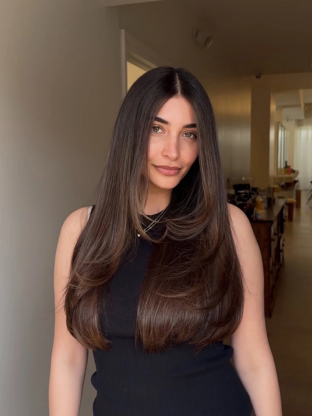 trendy summer haircut 2026 Glossy Espresso Length with Invisible Layers