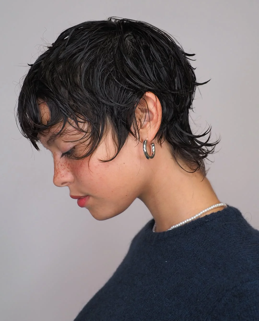 bold summer pixie haircuts 2026 Wet Look Shaggy Pixie with Micro Bangs