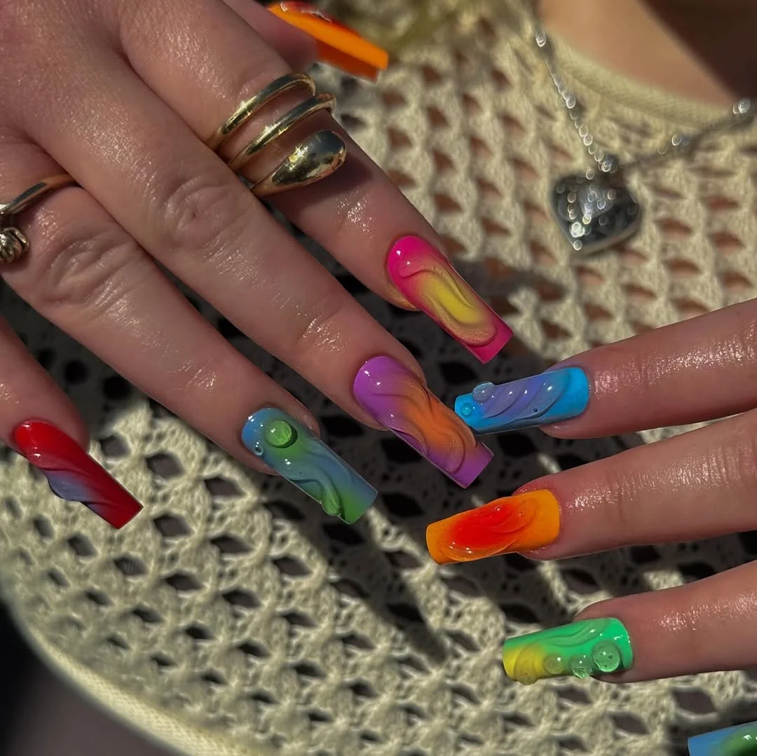 bright summer nails 2026 Rainbow Blooming Gel Color Waves