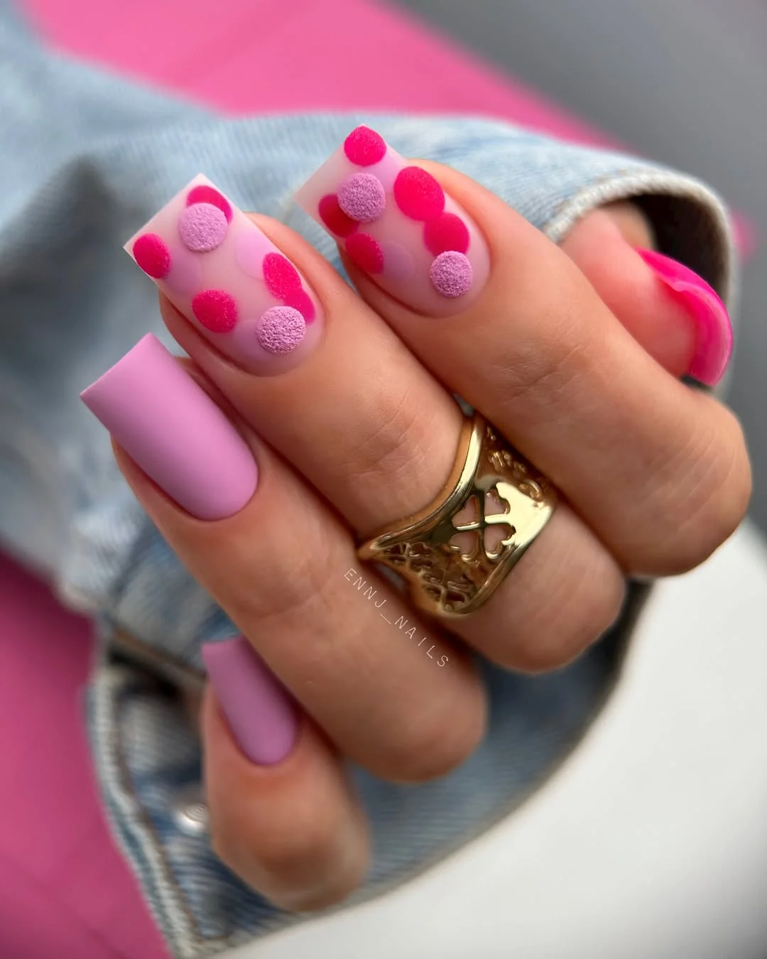 bright summer nails 2026 Pink Velvet Dots with a Cute Textured Twist