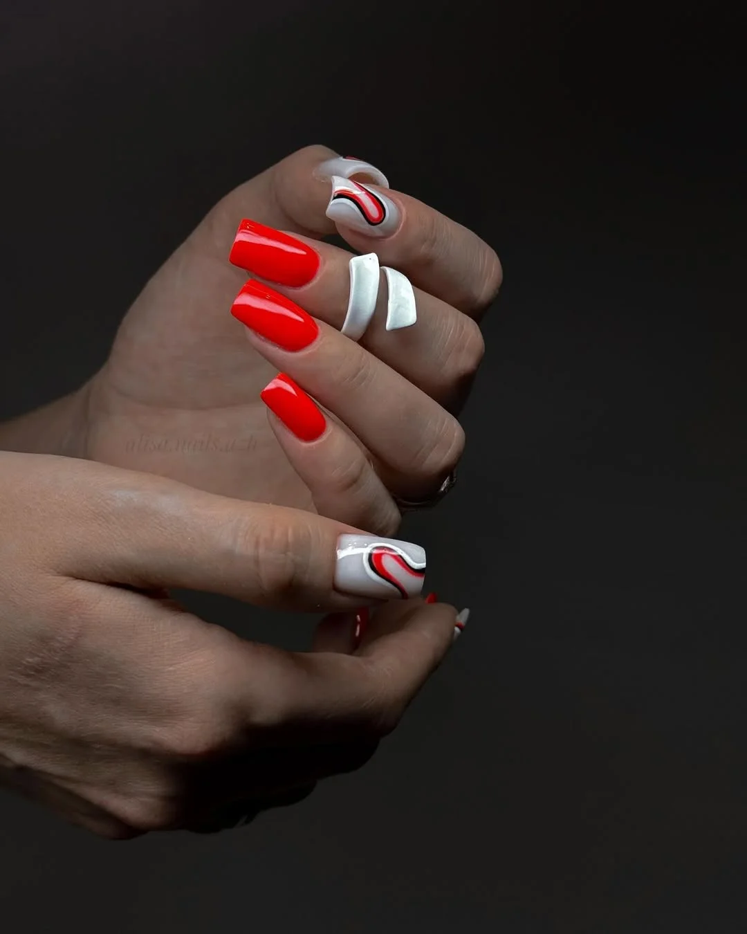 bright summer nails 2026 Fiery Red Abstract Lines for Modern Minimalists