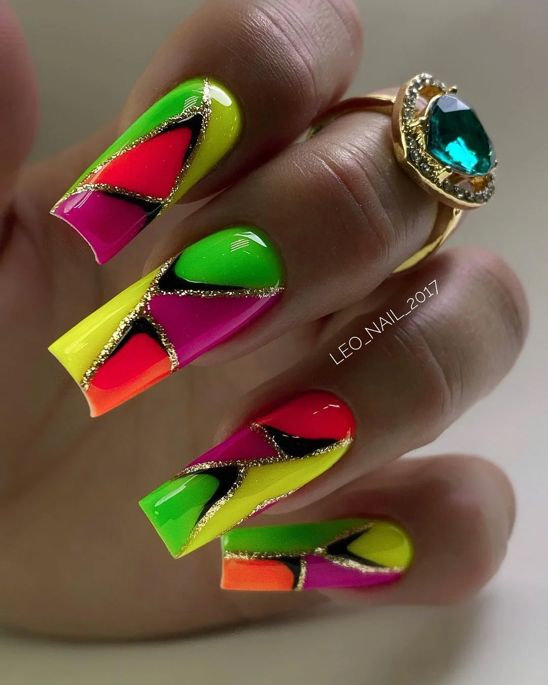 bright summer nails 2026 Electric Neon Mosaic Color Ideas
