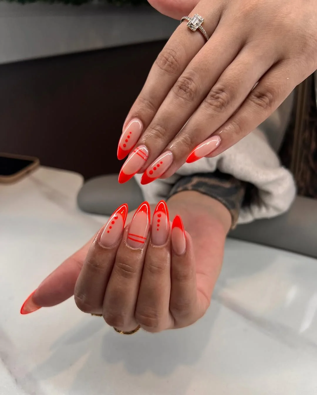 bright summer nails 2026 Neon Coral French With Graphic Details