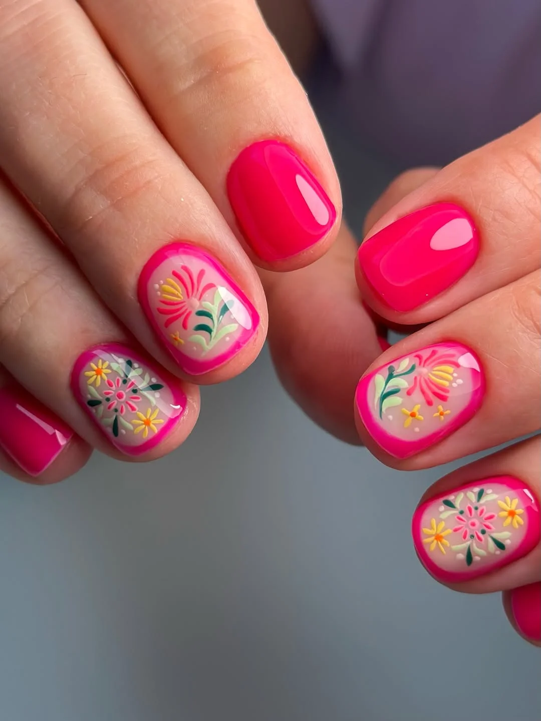 bright summer nails 2026 Hot Pink Floral Summer Charm