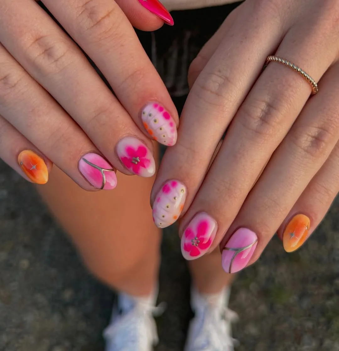 bright summer nails 2026 Pink Blossom Sunset Art