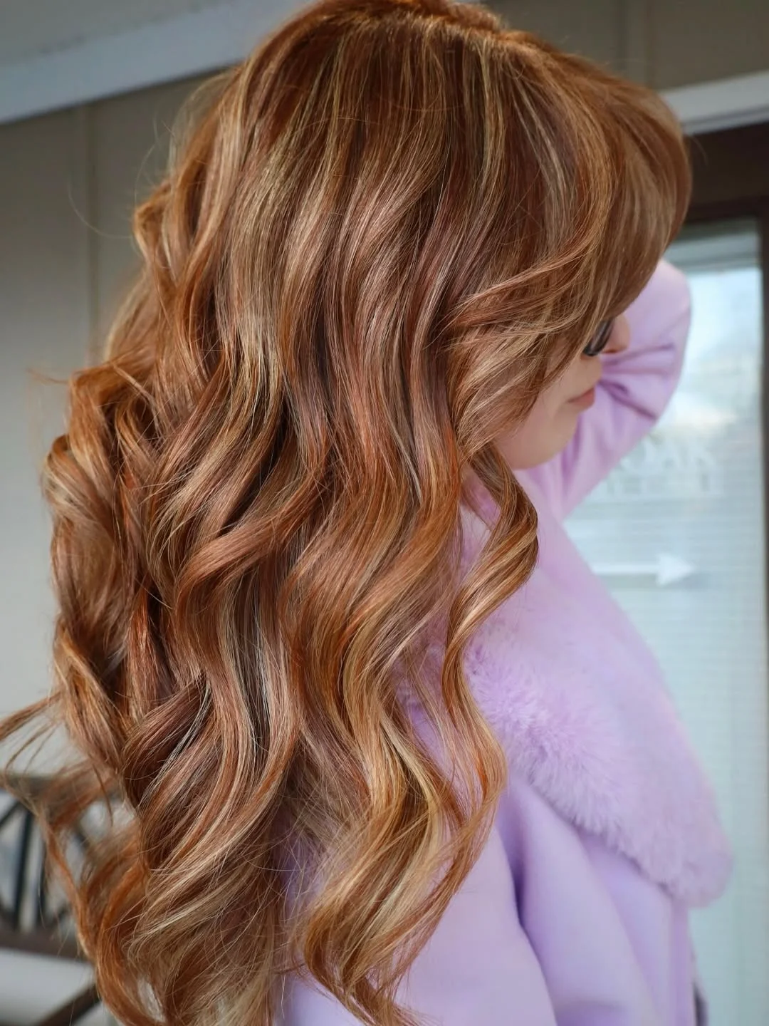 chic summer auburn hair color 2026 Soft Golden Auburn Balayage Waves