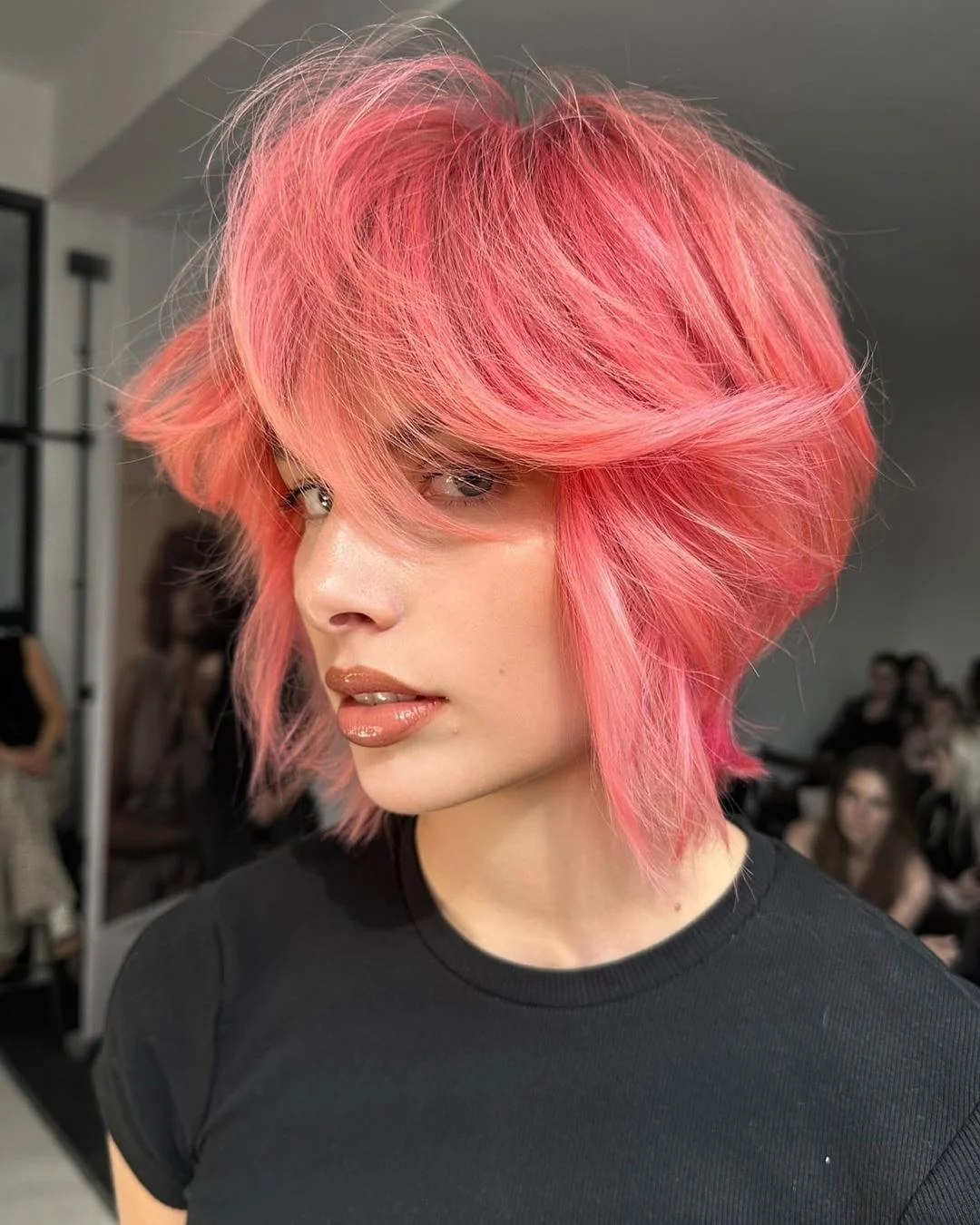 cute summer short hairstyles 2026 Soft Pink Shag with Airy Bangs