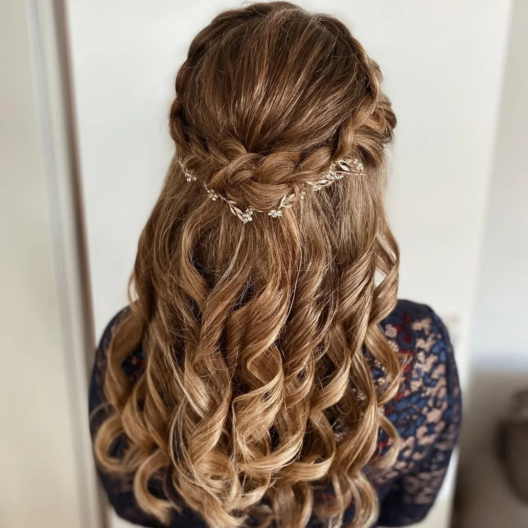 elegant summer wedding guest hairstyles 2026 Braided Half Up Glam Curls