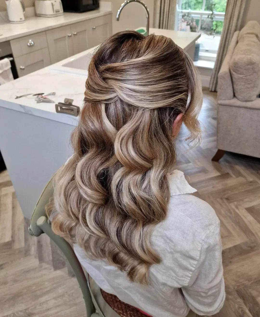 elegant summer wedding guest hairstyles 2026 Soft Champagne Half Up Waves