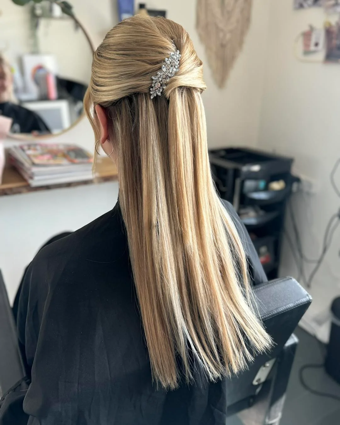 elegant summer wedding guest hairstyles 2026 Crystal Clip Half Up Style