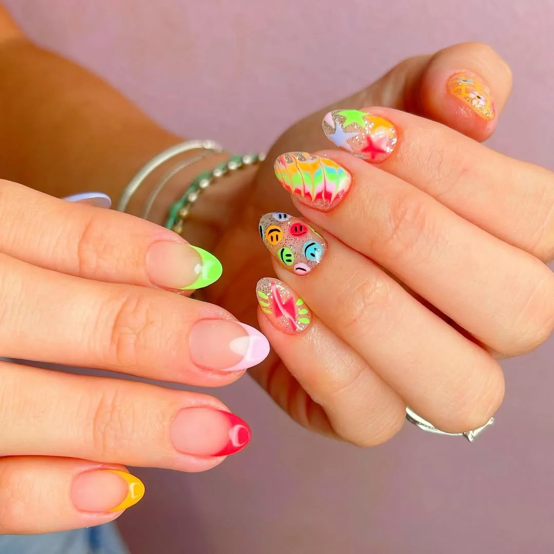 funky summer nails 2026 Neon French Tips With Happy Summer Accents