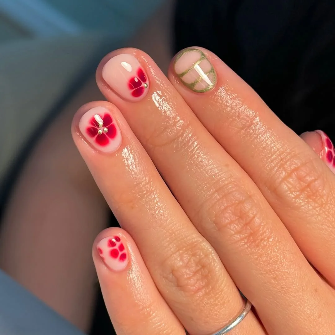 June Nail Colors Ideas 2026 Minimal Cherry Blossom Short Nails