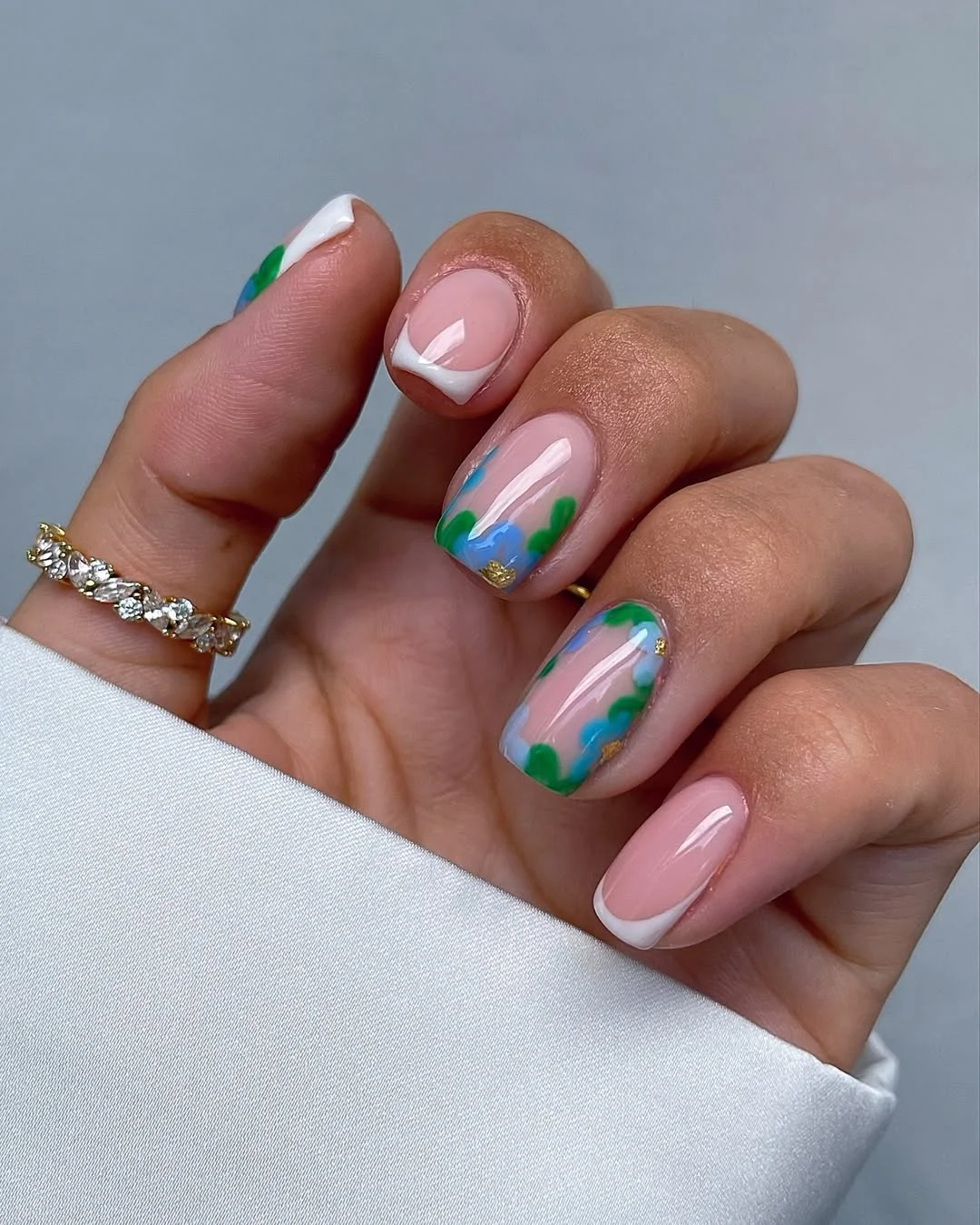 June Nail Colors Ideas 2026 Blue Floral French Manicure
