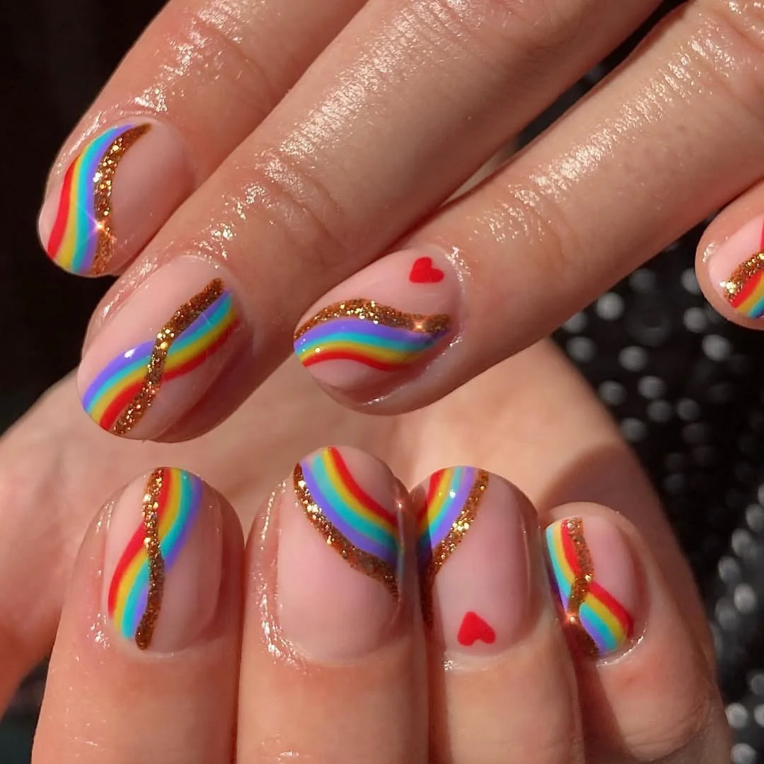 June Nail Colors Ideas 2026 Rainbow Swirl Short Nails