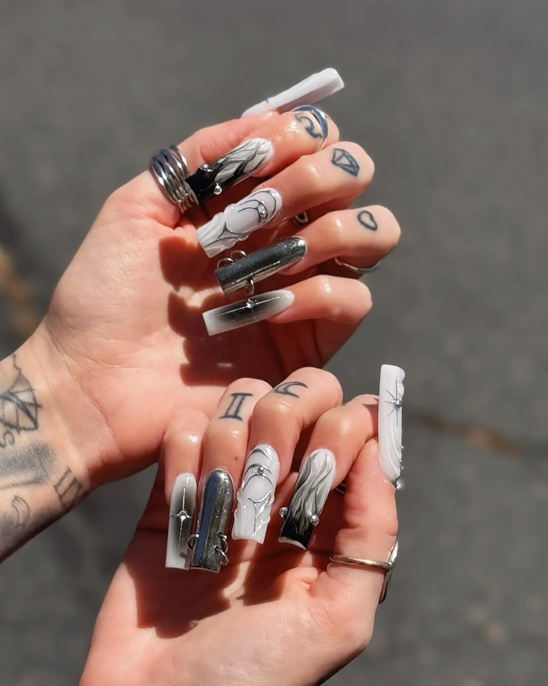 June Nail Colors Ideas 2026 Black and White Gothic Chrome Nails