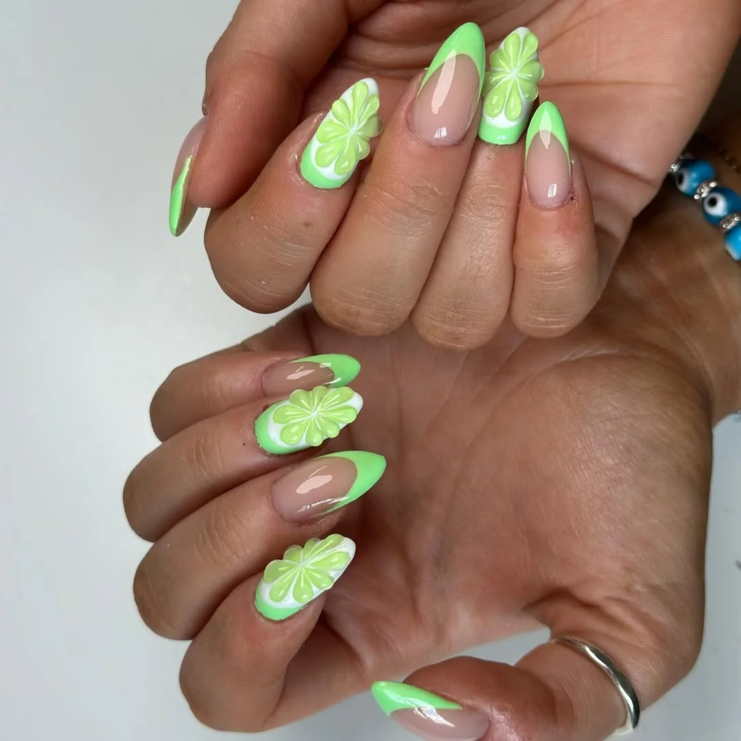 June Nails Ideas 2026 Juicy Lime French Almond Nails