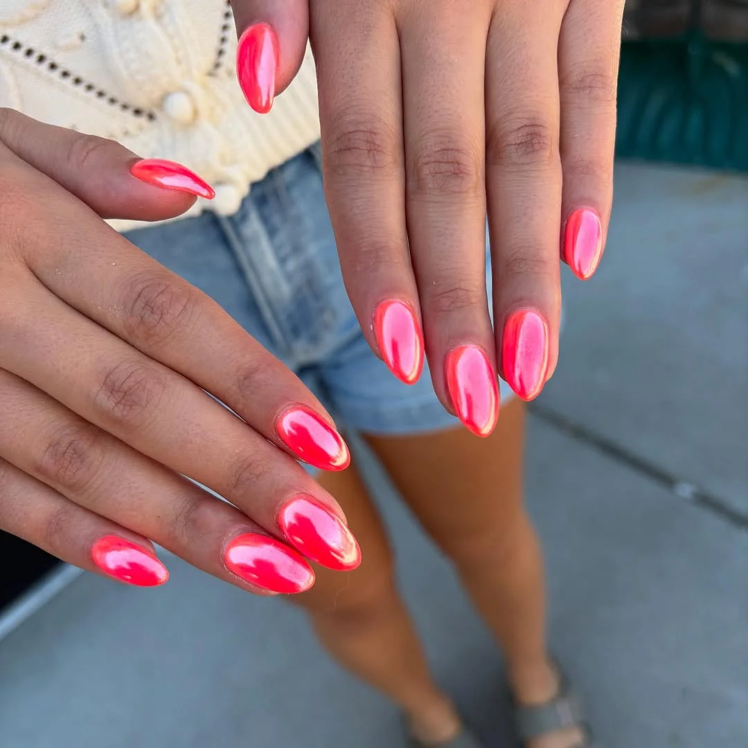 June Nails Ideas 2026 Hot Pink Chrome Almond Nails