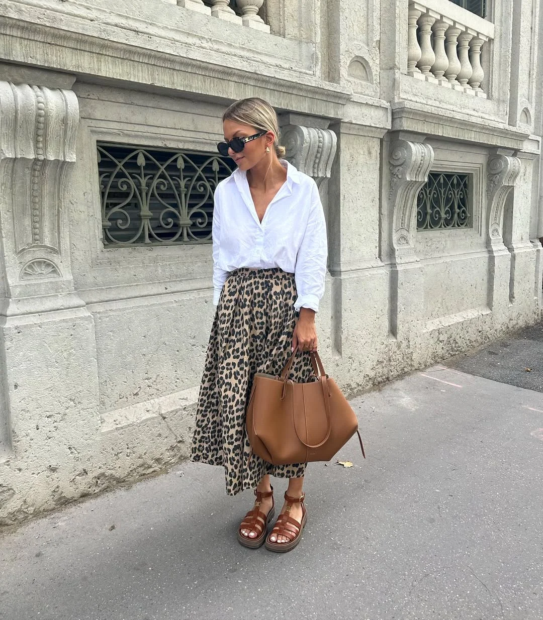 June Outfits Ideas 2026 Leopard Midi Skirts and White Shirts with European Energy