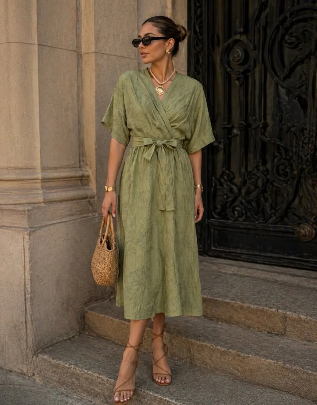June Outfits Ideas 2026 Olive Green Wrap Dresses for Elegant June Afternoons