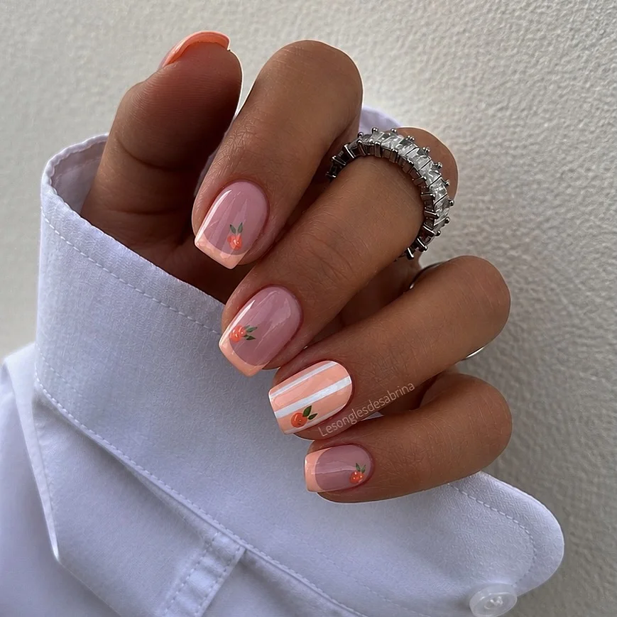 light summer nails 2026 Peach Sorbet Minimal Nails With Tiny Fruit Art