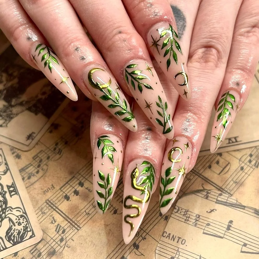 light summer nails 2026 Botanical Almond Nails With Celestial Green Details
