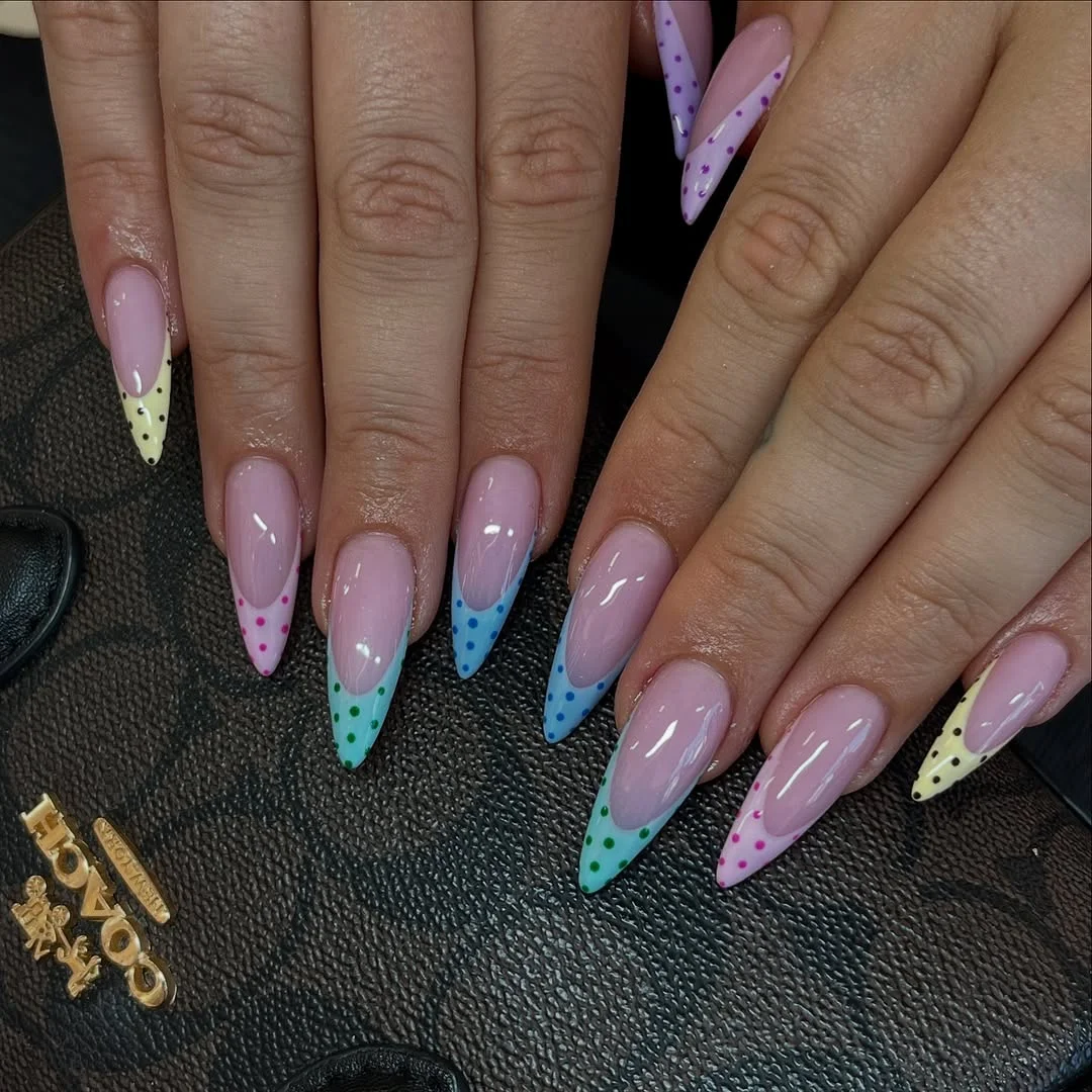 light summer nails 2026 Pastel French Tips With Playful Polka Dot Accents