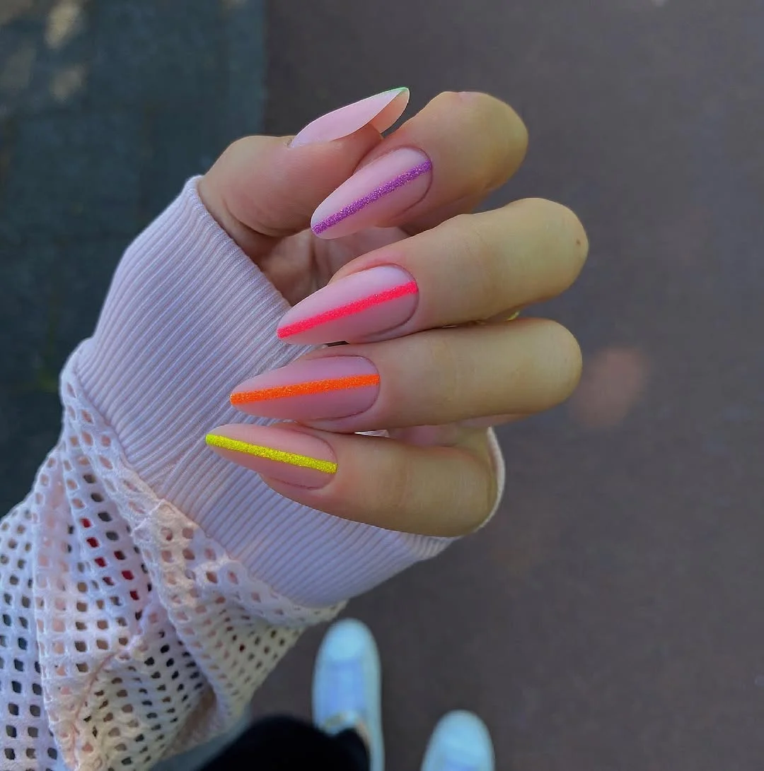 light summer nails 2026 Neon Minimalist Almond Nails for Late Summer Energy