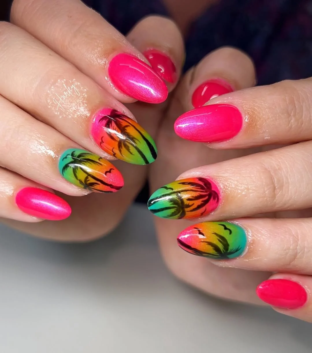 neon summer nails 2026 Bright Pink Tropical Palm Nail Art