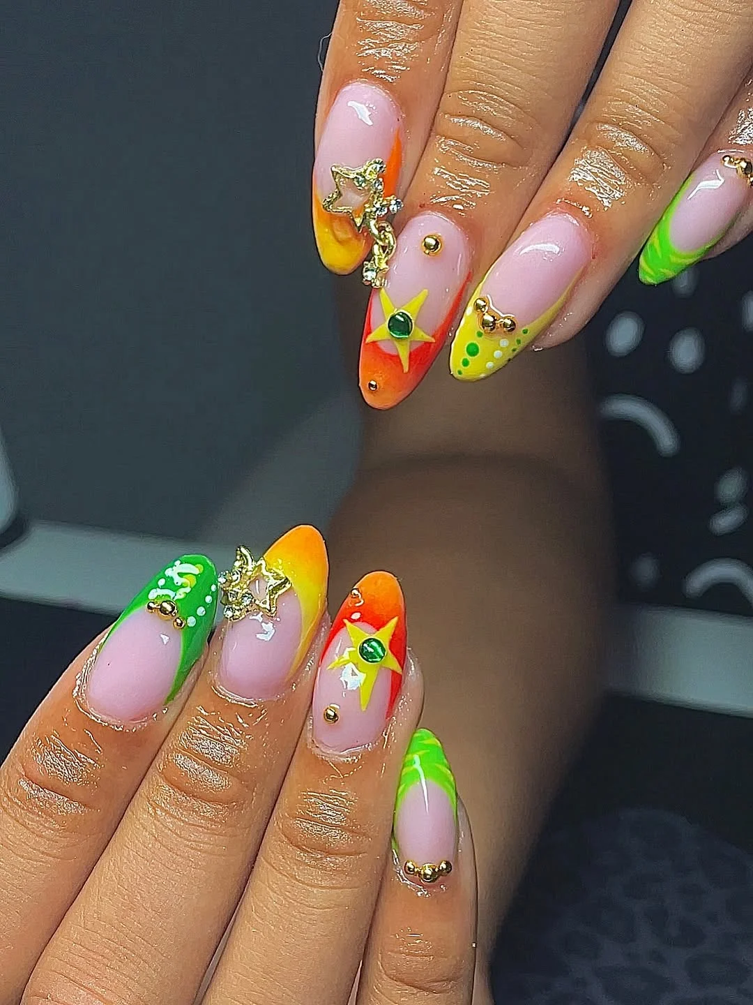 neon summer nails 2026 Neon Green And Orange Starfish Acrylic Nails