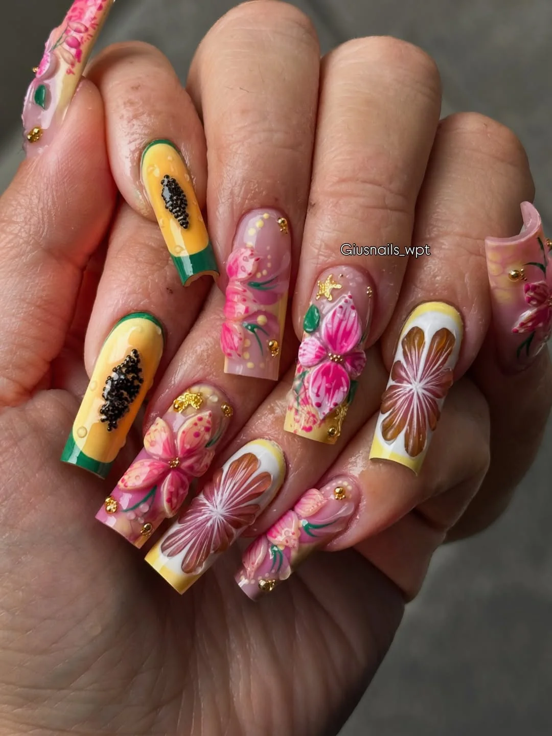 neon summer nails 2026 Tropical Fruit And Floral Neon Acrylic Nails